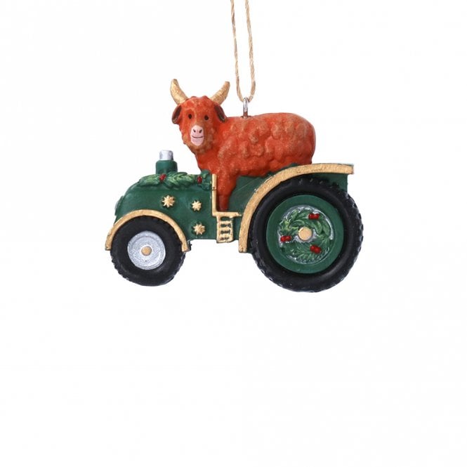 Gisela Graham Resin Highland Cow on Green Tractor Hanging Decoration