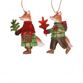 Resin Mr and Mrs Fox In Plaid Hanging Decoration - Assorted