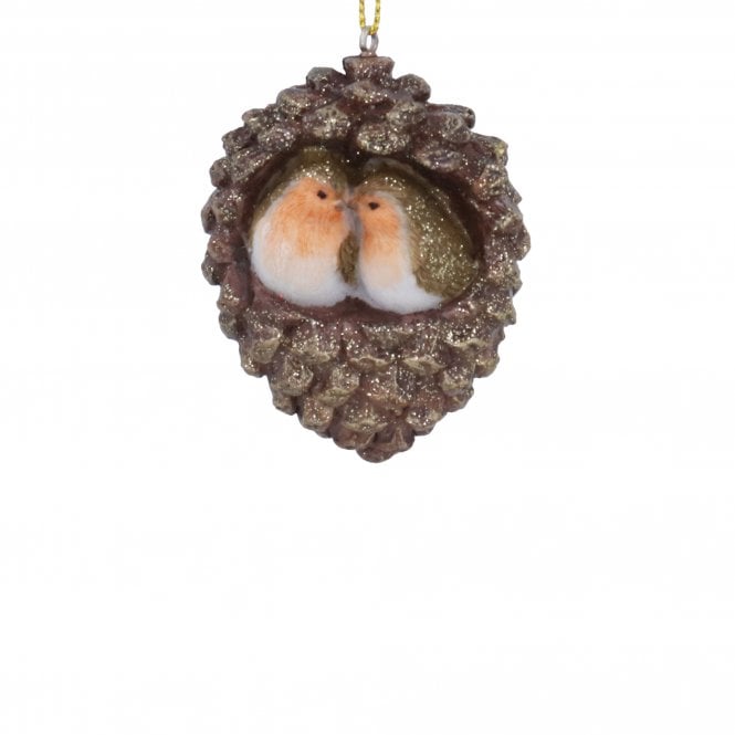 Gisela Graham Resin Robins In Pinecone Hanging Decoration