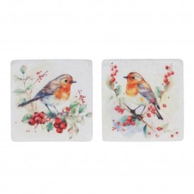 Robin with Berries Resin Coaster