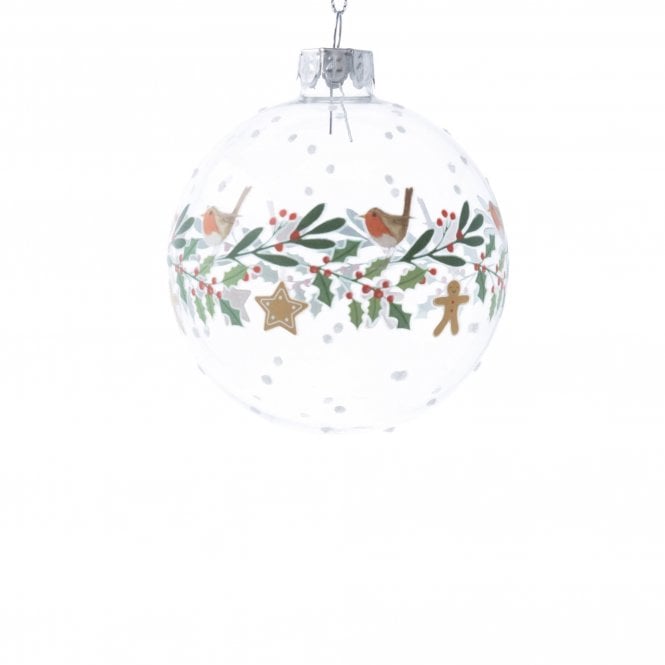 Gisela Graham Robin with Holly Wreath Band Glass Bauble