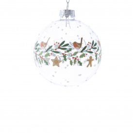 Robin with Holly Wreath Band Glass Bauble