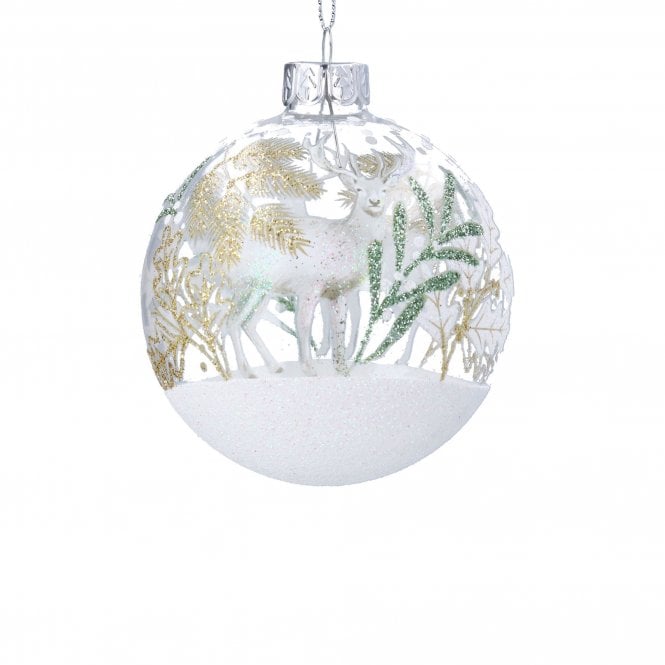 Gisela Graham Stag With Sprays on Snowy Base Clear Glass Bauble