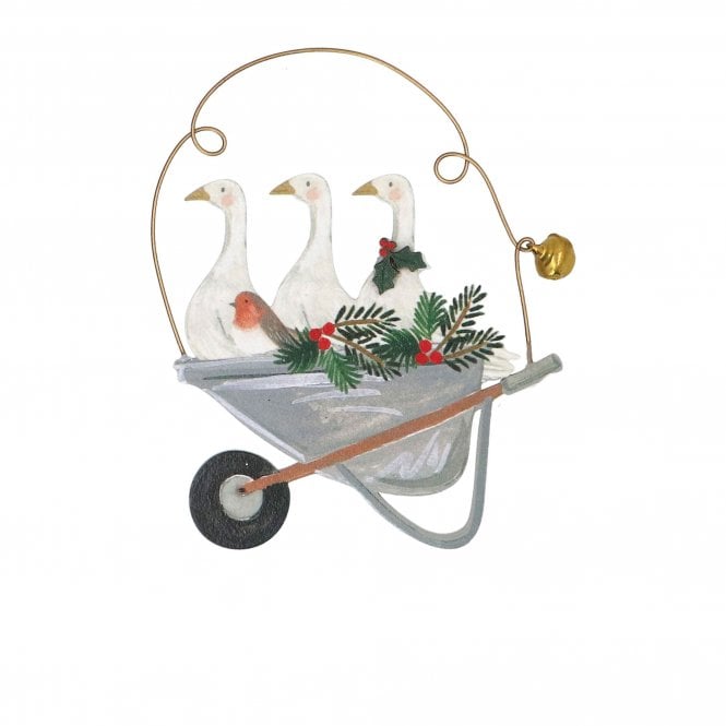 Gisela Graham Wooden Geese and Robin in Wheelbarrow Hanging Decoration