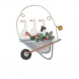 Wooden Geese and Robin in Wheelbarrow Hanging Decoration