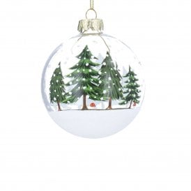Woodland Snow Scene on Snowy Base Clear Glass Bauble
