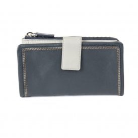 Ladies Leather Large Wallet Purse - Navy and Ice