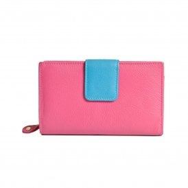 Ladies Leather Medium Wallet Purse - Fuchsia & Turquoise