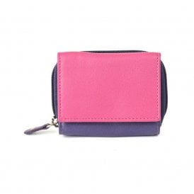 Ladies Leather Small Zip Wallet Purse - Fuchsia and Purple