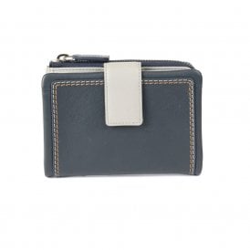 Ladies Leather Zip Wallet Purse - Navy and Ice