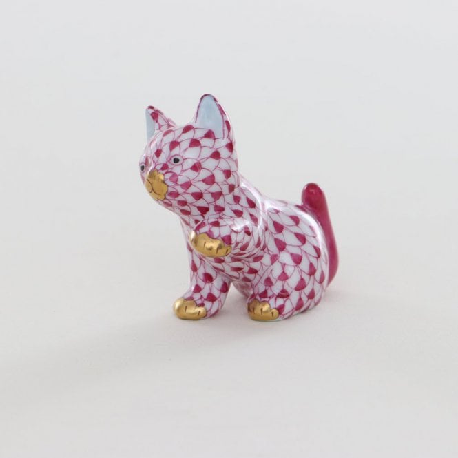 Herend Porcelain Small Sitting Cat Figurine - Raspberry
