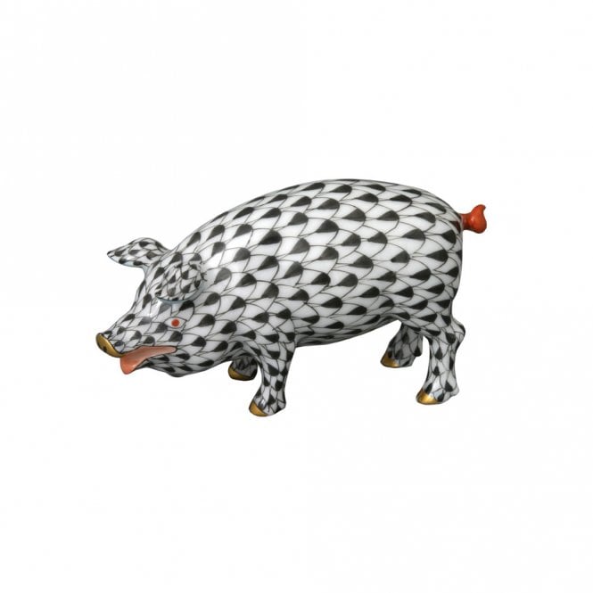 Herend Porcelain Standing Pig Figurine - Black & White