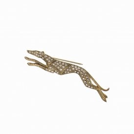 Gracious Greyhound Old Gold & Clear Crystal Brooch