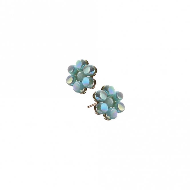 Hot Tomato Iridescent Flower Blue Stud Earrings