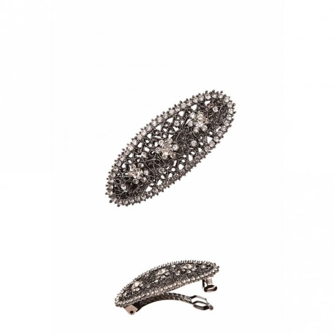 Hot Tomato Oval Fretwork With Crystal Flowers Gun Metal Silver Oval Clip