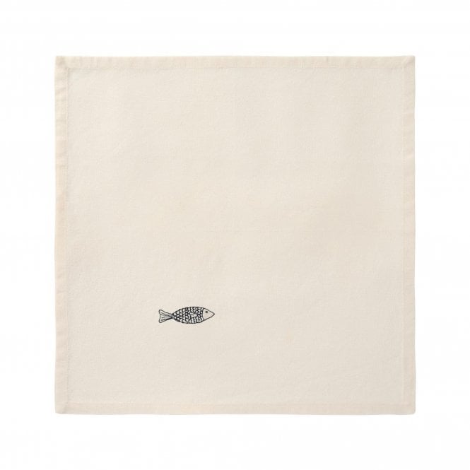 Ib Laursen Embroidered Atlantis Blue Fish Butter Cream Cloth Napkin