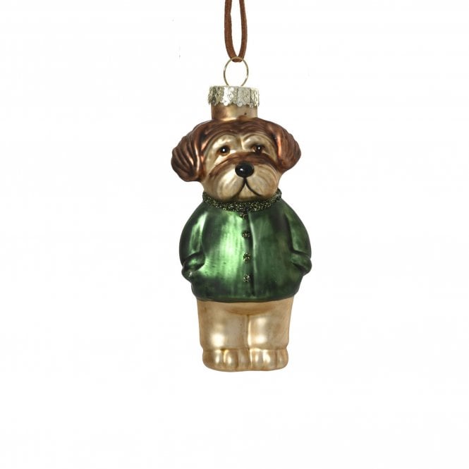 Kaemingk Bulldog Green Jumper Glass Hanging Decoration
