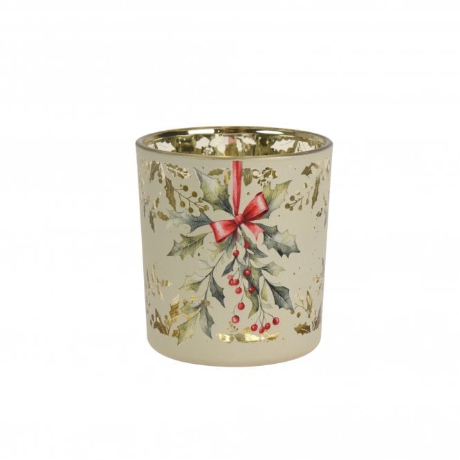 Kaemingk Gold Holly Berry Frosted Glass Tealight Holder