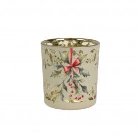 Gold Holly Berry Frosted Glass Tealight Holder