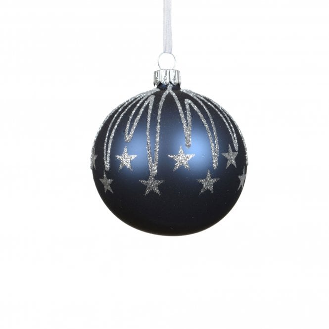 Kaemingk Matte Navy Blue with Silver Glitter Star Drops Bauble