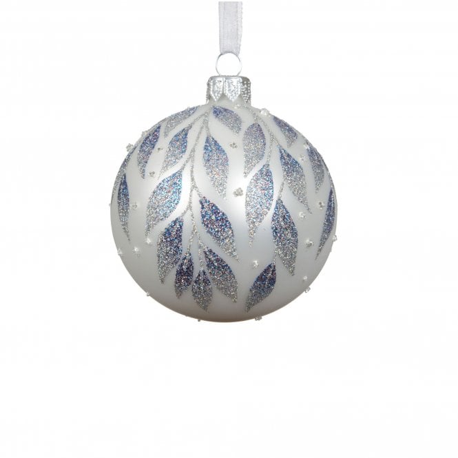 Kaemingk Matte White Blue and Silver Leaf Bauble