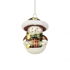 Snowman with Sombrero Hat & Green Scarf Glass Hanging Decoration