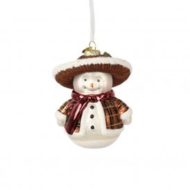 Snowman with Sombrero & Red Scarf Glass Hanging Decoration
