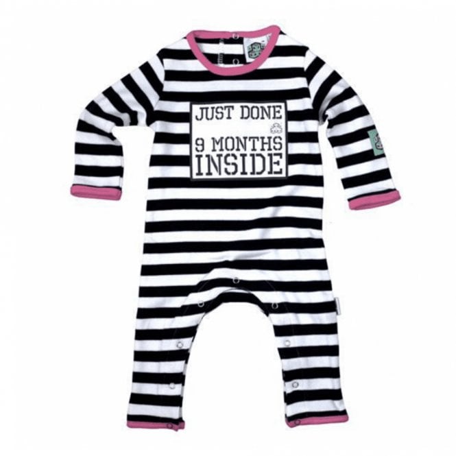 Lazybaby Just Done 9 Months Inside Pink Trim Black & White Stripy Newborn Babygrow
