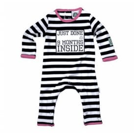 Just Done 9 Months Inside Pink Trim Black & White Stripy Newborn Babygrow