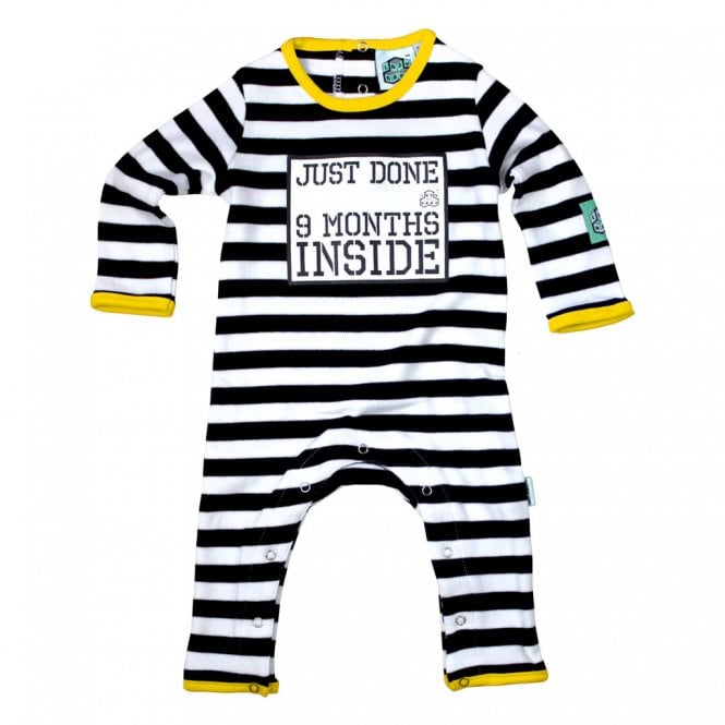 Lazybaby Just Done 9 Months Inside Yellow Trim Black & White Stripy Newborn Babygrow