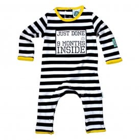Just Done 9 Months Inside Yellow Trim Black & White Stripy Newborn Babygrow