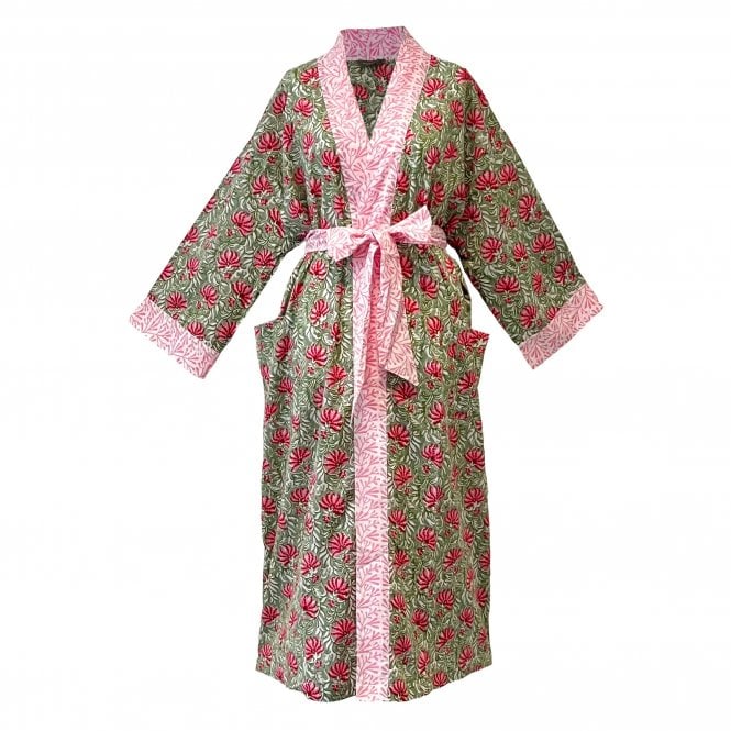 Lime Tree Design Pink & Green Jaipur Floral Cotton Long Kimono Robe 