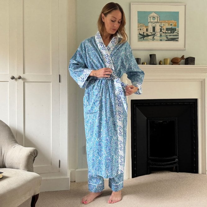 Lime Tree Design Turquoise & Blue Jaipur Floral Cotton Long Kimono Robe 