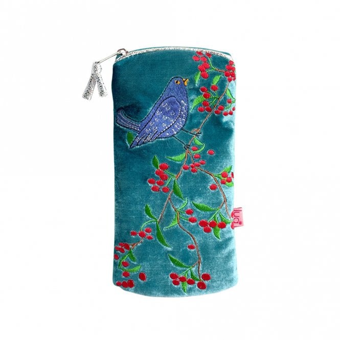 Lua Blackbird and Berries Teal Velvet Glasses Purse