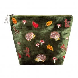 Hedgehogs Dark Olive Velvet Large Cosmetic Purse