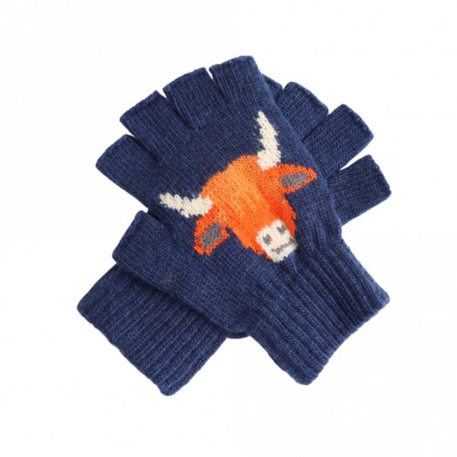 Lua Navy Highland Cow Fingerless Gloves