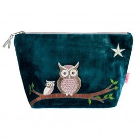 Owl Dark Turquoise Velvet Extra Large Cosmetic Purse