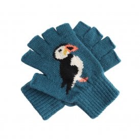 Teal Puffin Fingerless Gloves