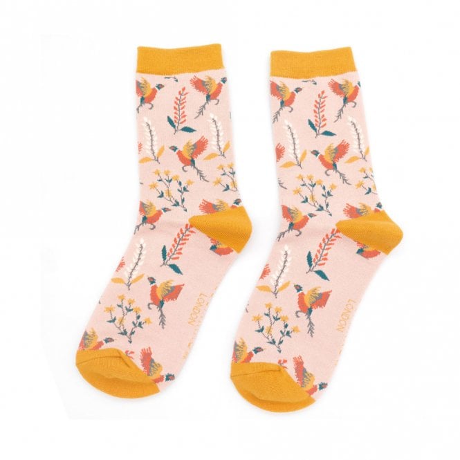 Miss Sparrow Pheasants & Flowers on Dusky Pink Socks