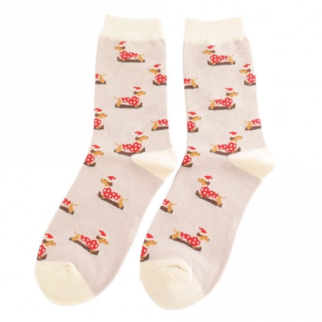 Miss Sparrow Silver Skiing Sausage Dog Socks