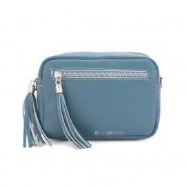 Dusty Blue Leather Rectangle Crossbody Bag with Front Zip Pocket