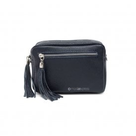 Navy Leather Rectangle Crossbody Bag with Front Zip Pocket