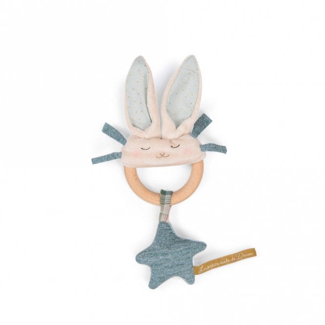Moulin Roty Blue Rabbit Wooden Ring & Rattle
