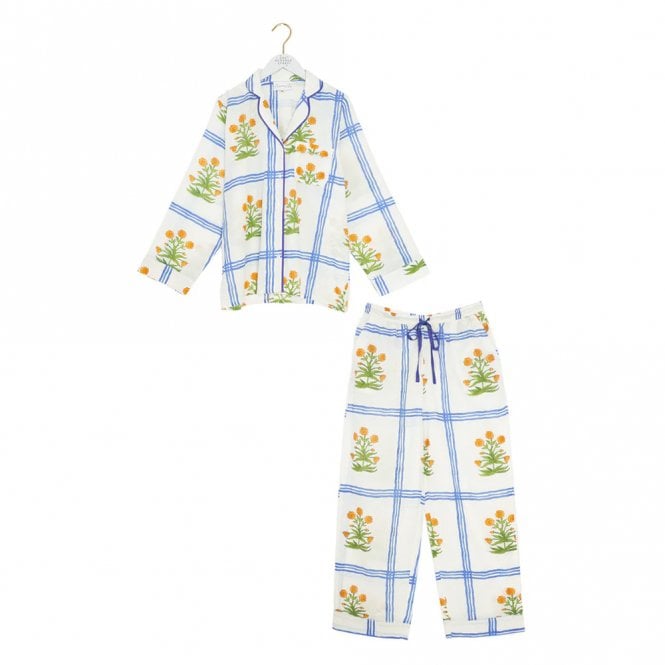 One Hundred Stars Marigold Check Ivory Cotton Pyjamas