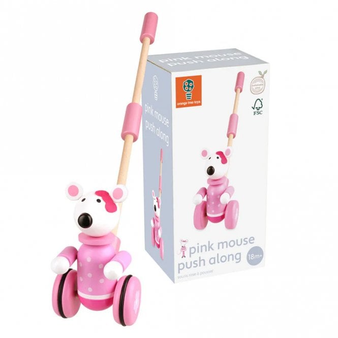 Orange Tree Toys Boxed Pink Mouse Push Along Wooden Children's Toy