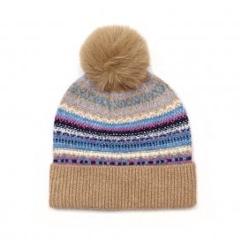 Evie Camel & Blue Mix Pattern Knit Bobble Hat