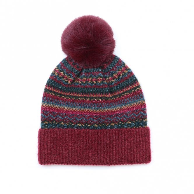 Peace of Mind Finola Wine & Teal Mix Fair Isle Bobble Hat