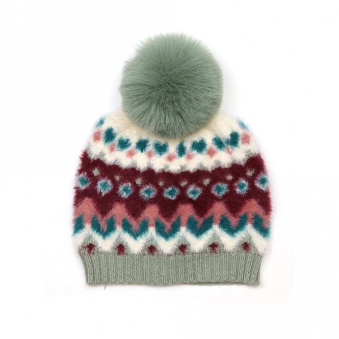 Peace of Mind Imogen Soft Wine & Duck Egg Mix Pattern Knit Bobble Hat