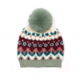 Imogen Soft Wine & Duck Egg Mix Pattern Knit Bobble Hat
