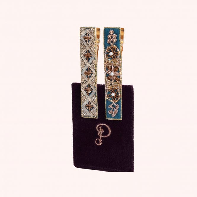 Powder Diamond and Flower Trio Embellished Hair Bar Clips Pack of 2